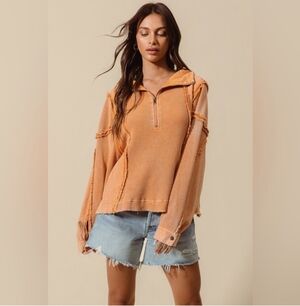 Rust mineral washed waffle thermal raw stitch zip hoodie pullover sweatshirt